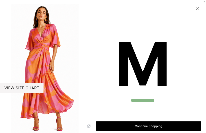 SmartSize fit quiz result showing a recommended size M with a product image and continue shopping action.