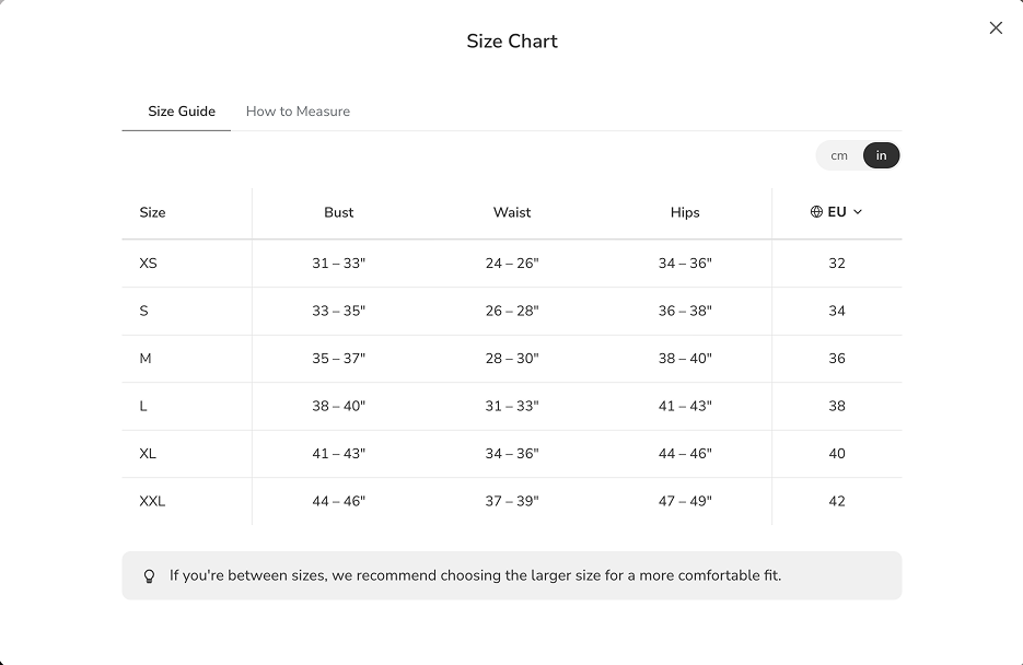 SmartSize storefront size chart modal with size guide table, unit toggle, and fit note.